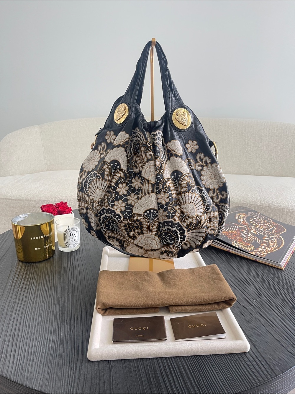 Gucci Hysteria Large Hobo Black Leather Embroidered Floral Gold HardWear Bag